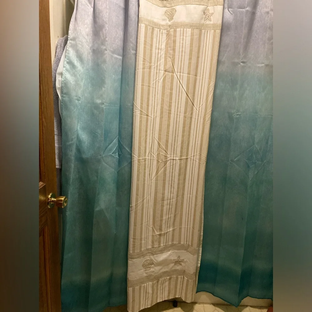 Fabric shower curtain with embroidered shells and new shower hooks - Picture 2 of 3